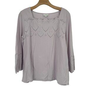 J Jill Purple Eyelet Lace Cotton Top Women's size Medium 3/4 bell sleeves